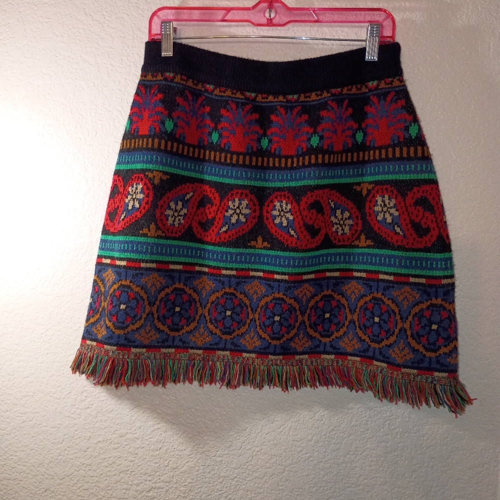 FARM RIO Colorful Woven Tapestry Skirt in Blues Red Mustard sz Large